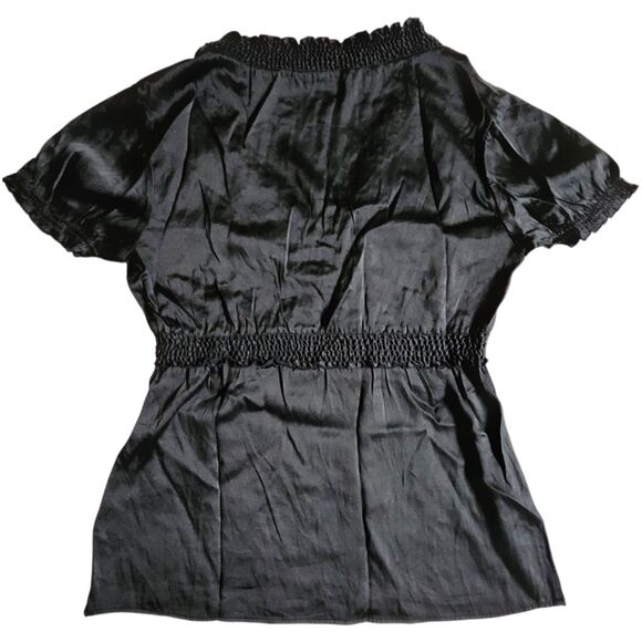 BCBGMAXAZRIA Black Silk Blend Short Sleeve V Neck Ruched Top Sz S - Picture 2 of 11